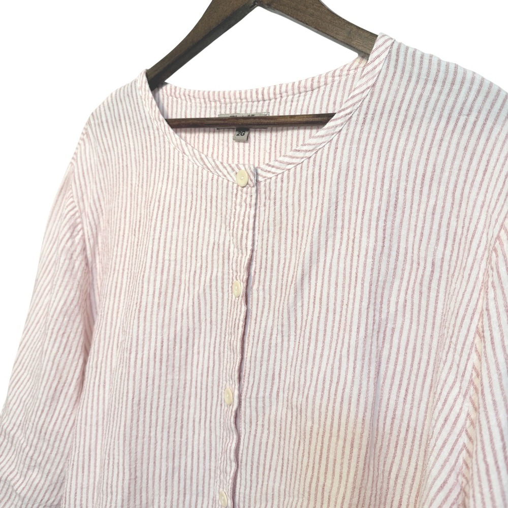 Flax Linen Red White Striped Button Down Tunic Top Roll Tab Sleeve 2G/22-24 Plus